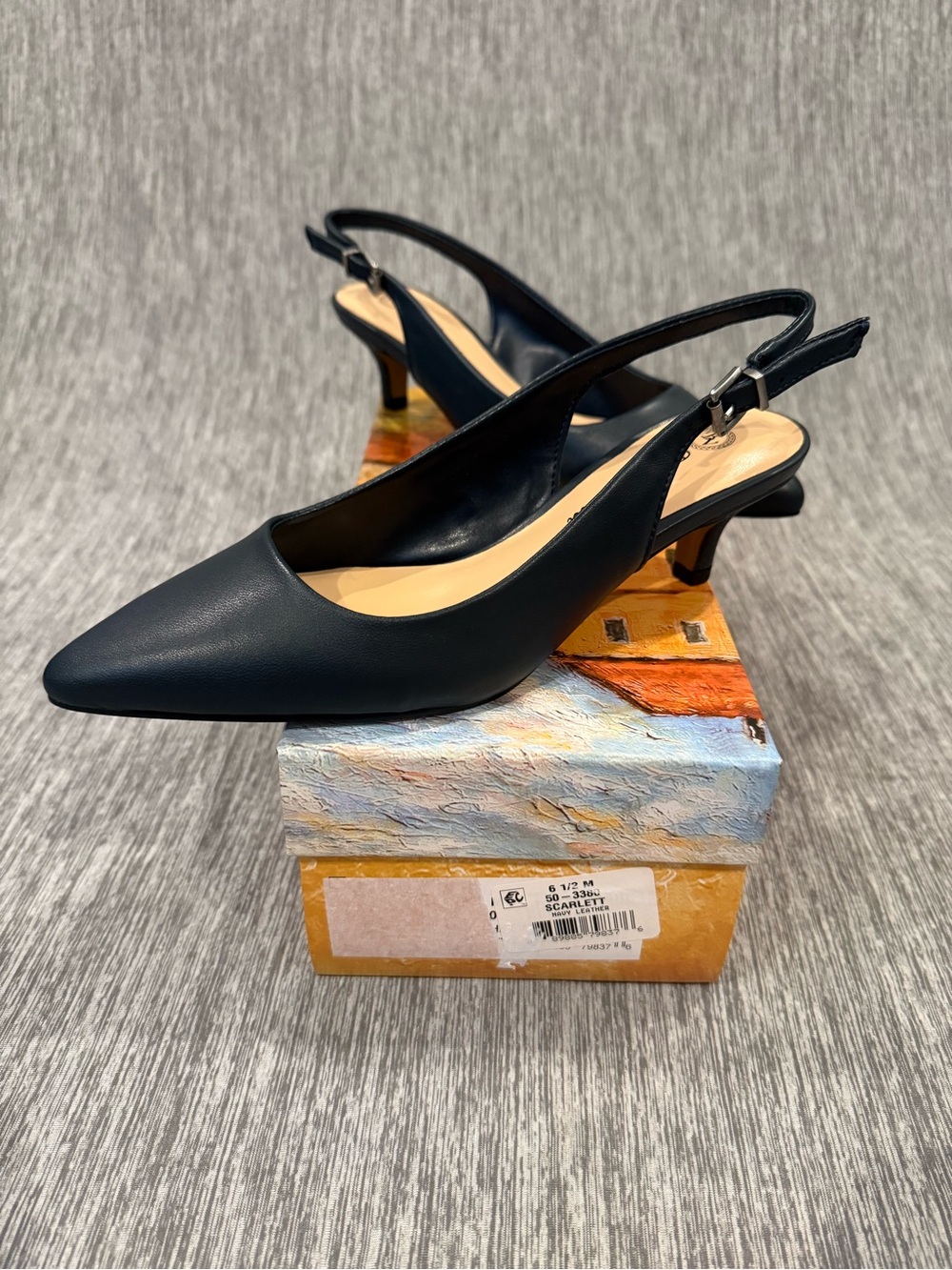 Bella Vita Navy Pointed-Toe Slingback Kitten Heels